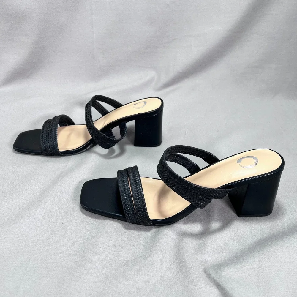 Journee Collection Natia Black Sandals Block Heel Braided Straps Slip On Size 11